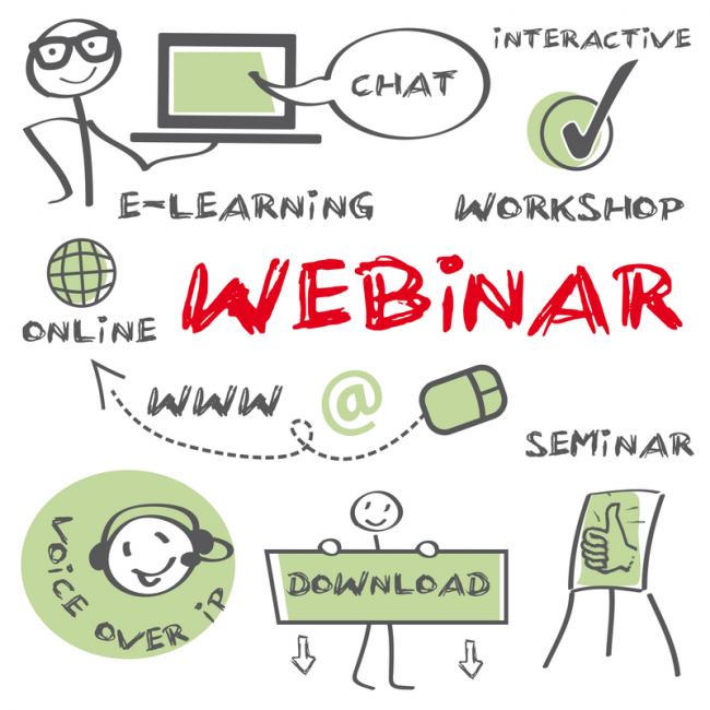 Webinar request section. Image depicts drawn images of computers and communication-related icons.